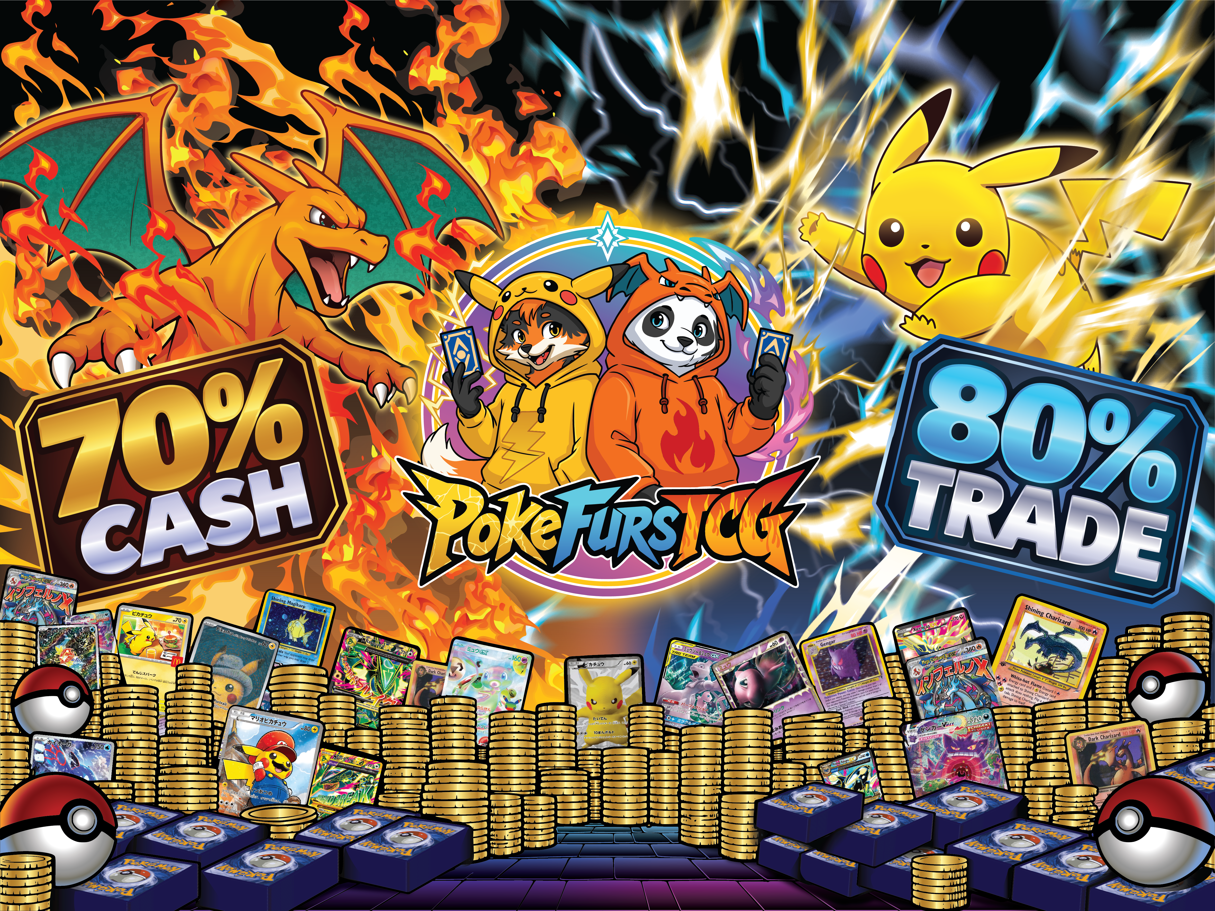 PokeFurs mascottes, vuur, bliksem en 70% cash 80% trade